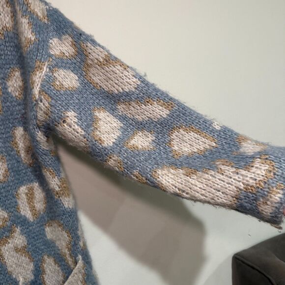 Davi & Dani Leopard Open Front Long Sleeve Cardigan Pockets Shimmer Womens M - Picture 4 of 7